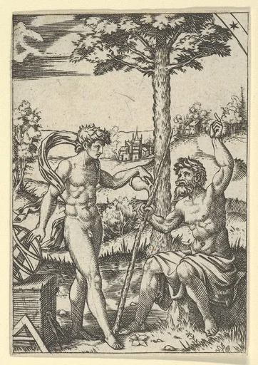 Seated old shepard gesturing towards the sky and speaking to nude male surrounded by tools of measurement