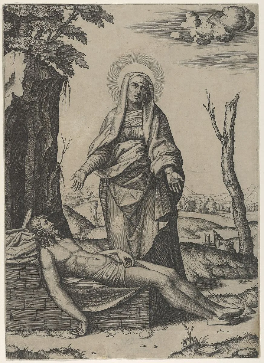 The Pietà: the Virgin standing over the dead Christ, her hands outspread — Marcantonio Raimondi|Raphael (Raffaello Sanzio or Santi)