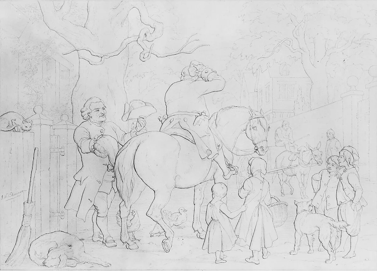 Illustration to William Cowper's Poem "The Diverting History of John Gilpin": The Calenderer of Ware Offers John Gilpin His Hat and Periwig — John Whetten Ehninger