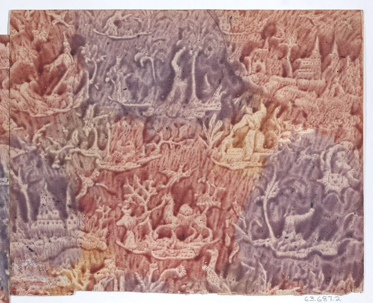 Sheet with figures in landscapes in red, purple, and yellow — Anonymous