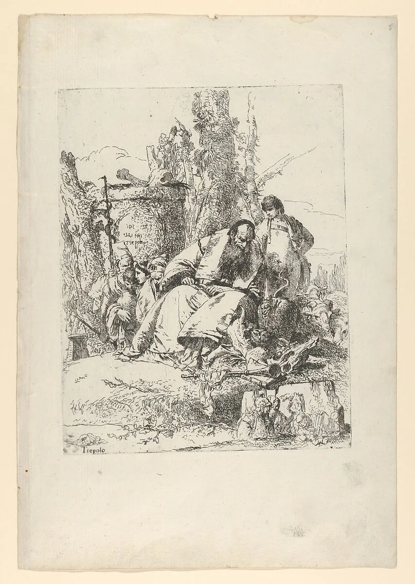 Seated magician, boy and four figures from the Scherzi di Fantasia — Giovanni Battista Tiepolo