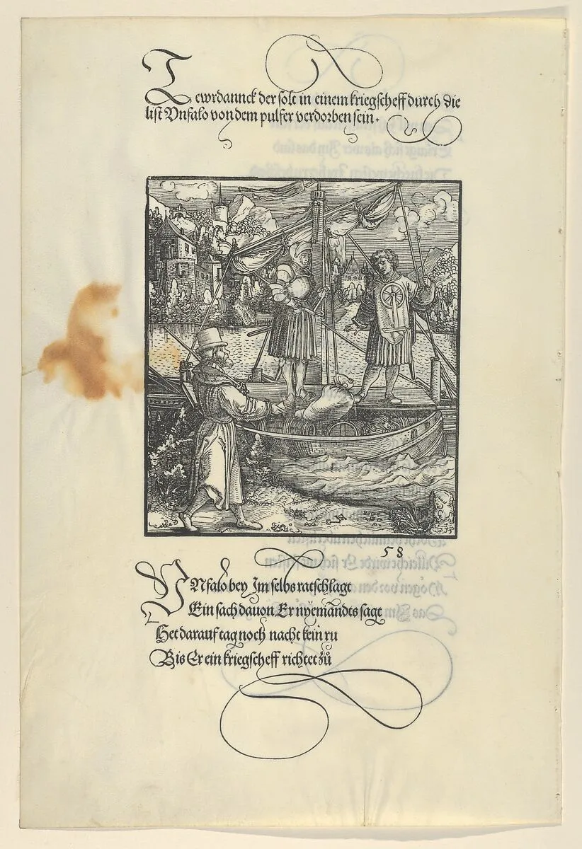Unfalo Nearly Causing the Explosion of Theuerdanck's Ship, from Theuerdanck — Hans Schäufelein|Melchior Pfintzing|Hans Schönsperger