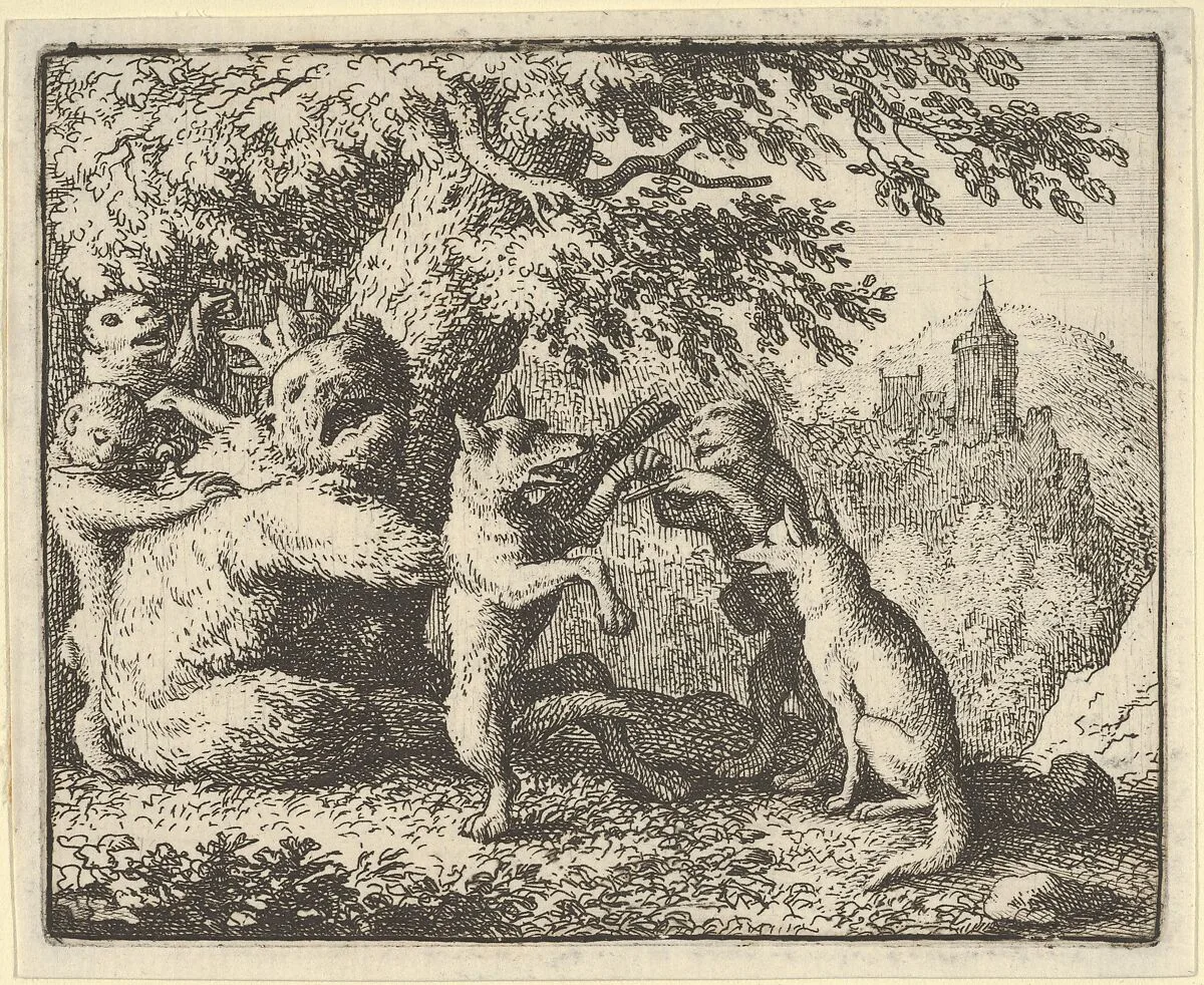 On Order of the Lion, a Piece of Skin is Taken from the Bear, A Piece of the Front Paws of the Wolf and a Piece from the She-Wolf's Hind Paws are Skinned from Hendrick van Alcmar's Renard The Fox — Allart van Everdingen