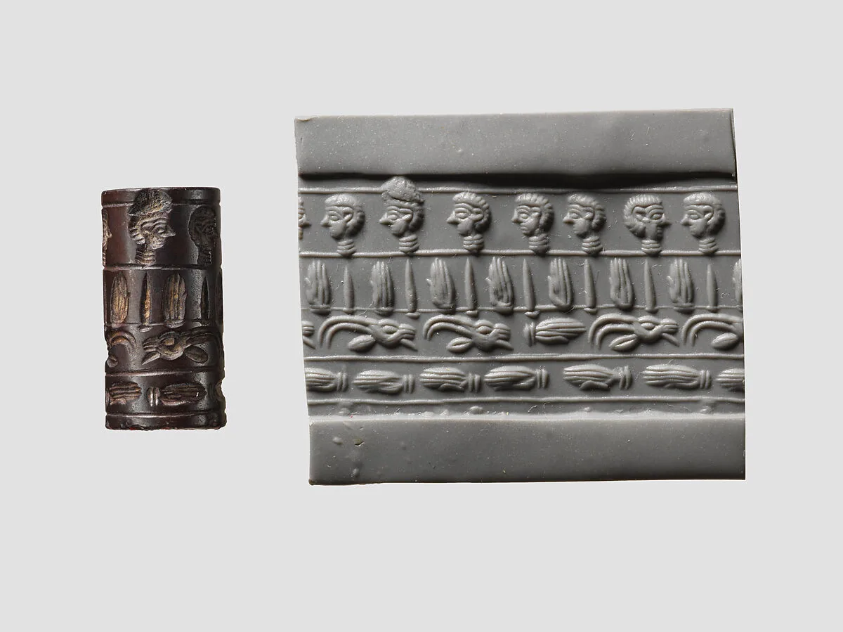 Cylinder seal and modern impression: four registers: hands, human and goat heads — Unknown