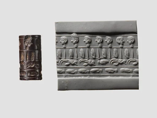Cylinder seal and modern impression: four registers: hands, human and goat heads