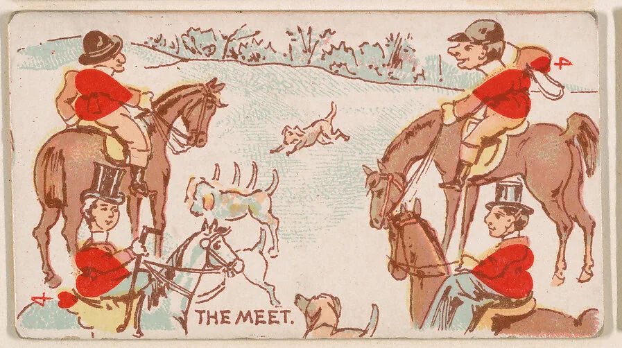Four of Hearts, The Meet, from Harlequin Cards, 2nd Series (N220) issued by Kinney Bros. — Kinney Brothers Tobacco Company