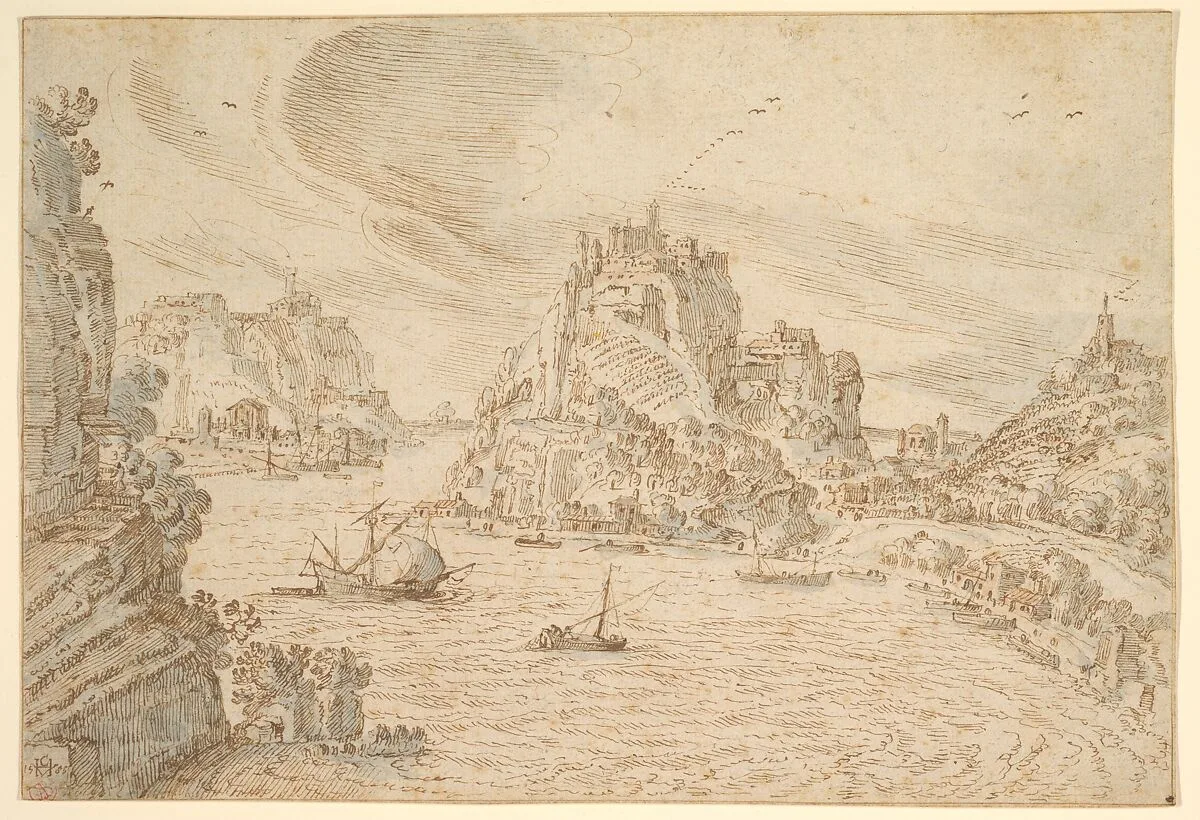 A Rocky Estuary with Ships and Hill Towns — Hendrik van Cleve