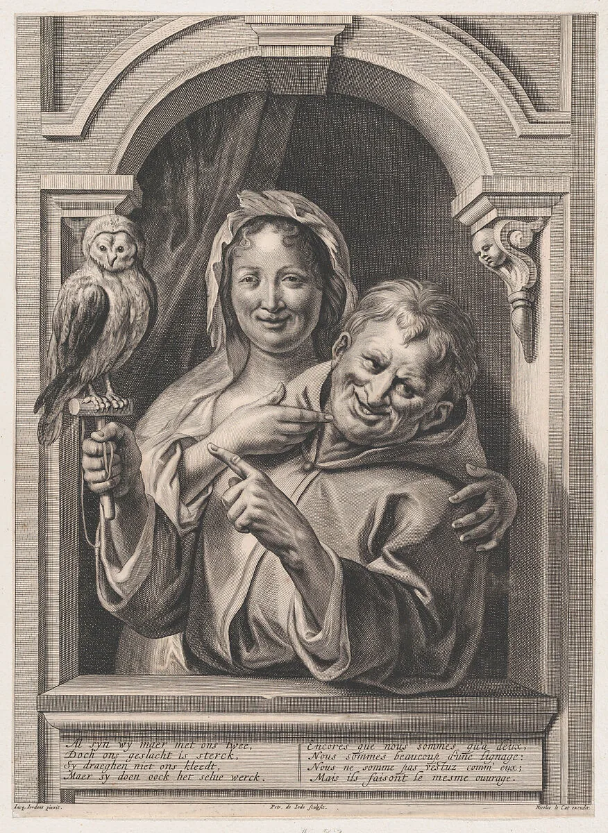 A Fool with an Owl and a Woman at a Window — Pieter de Jode II|Jacob Jordaens|Nicolas Le Cat