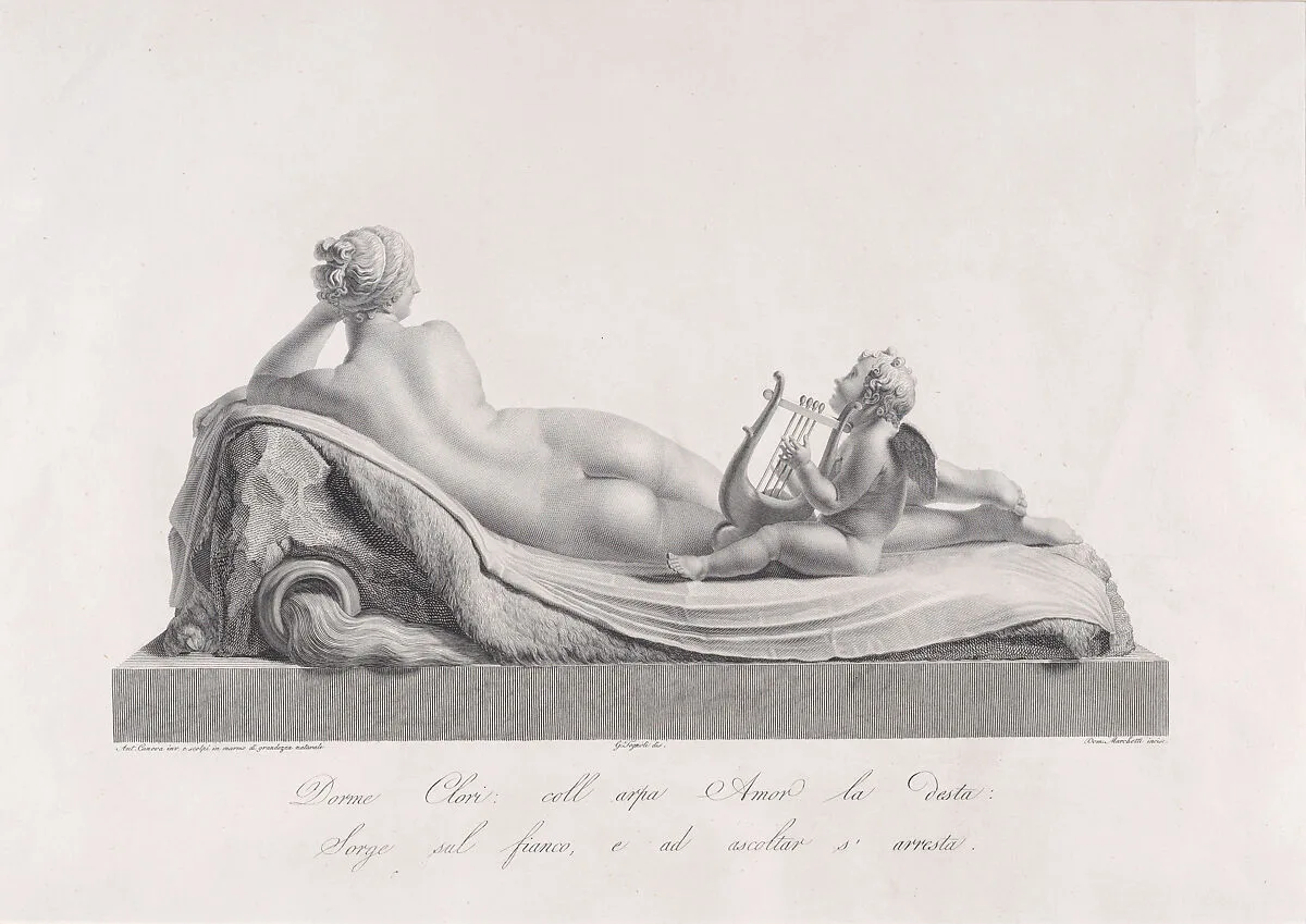 Back view of Venus reclining accompanied by Cupid with a harp, from "Oeuvre de Canova: Recueil de Statues..." — Giovanni Tognolli|Domenico Marchetti|Antonio Canova