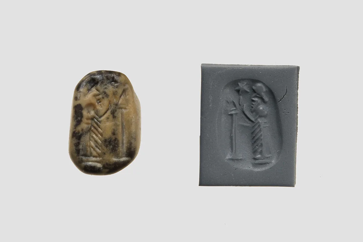 Stamp seal (octagonal pyramid, worn) with cultic scene — Unknown