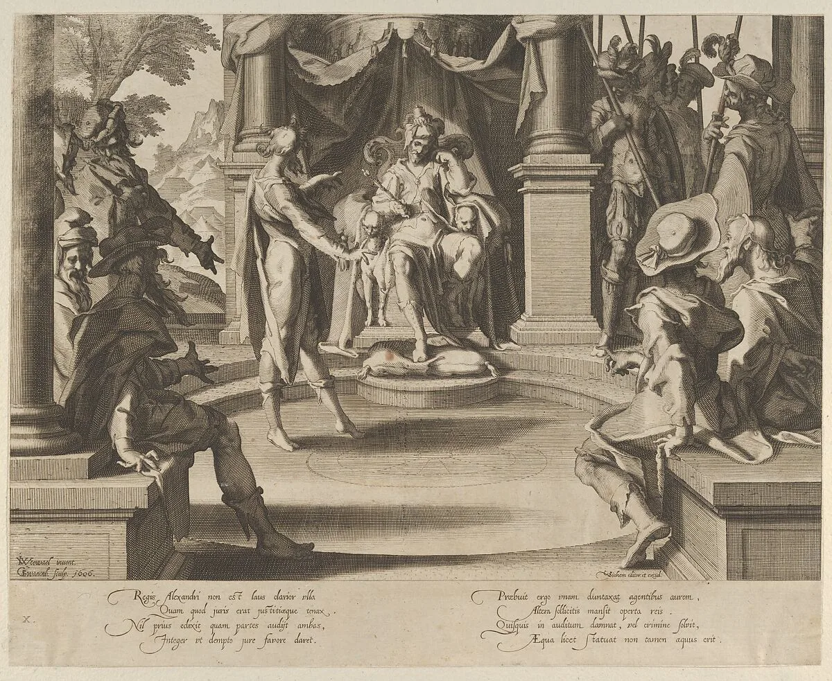 Alexander the Great as a Judge, from Thronus Justitiae, tredecim pulcherrimus tabulis..., plate 10 — Joachim Wtewael|Willem van Swanenburg|Christoffel van Sichem I