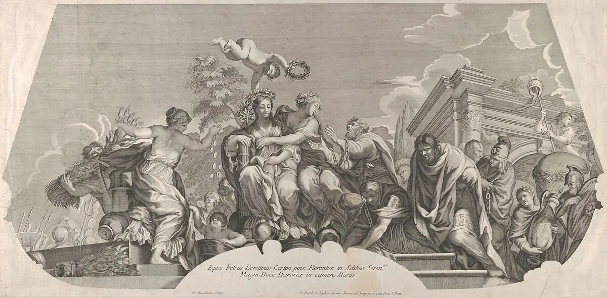 An allegorical composition with Charity and prisoners in chains; a plate from Rossi's series of engravings of Pietro da Cortona's fresco in the Camera of Mars in the Pitti Palace, Florence. — Jacques Blondeau|Pietro da Cortona (Pietro Berrettini)|Giovanni Giacomo De Rossi