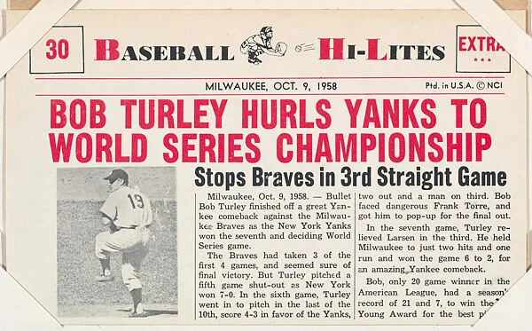 Bob Turley #30 from Nu-Card Baseball Hi-Lites series (W460) — Nu-Card, Inc.