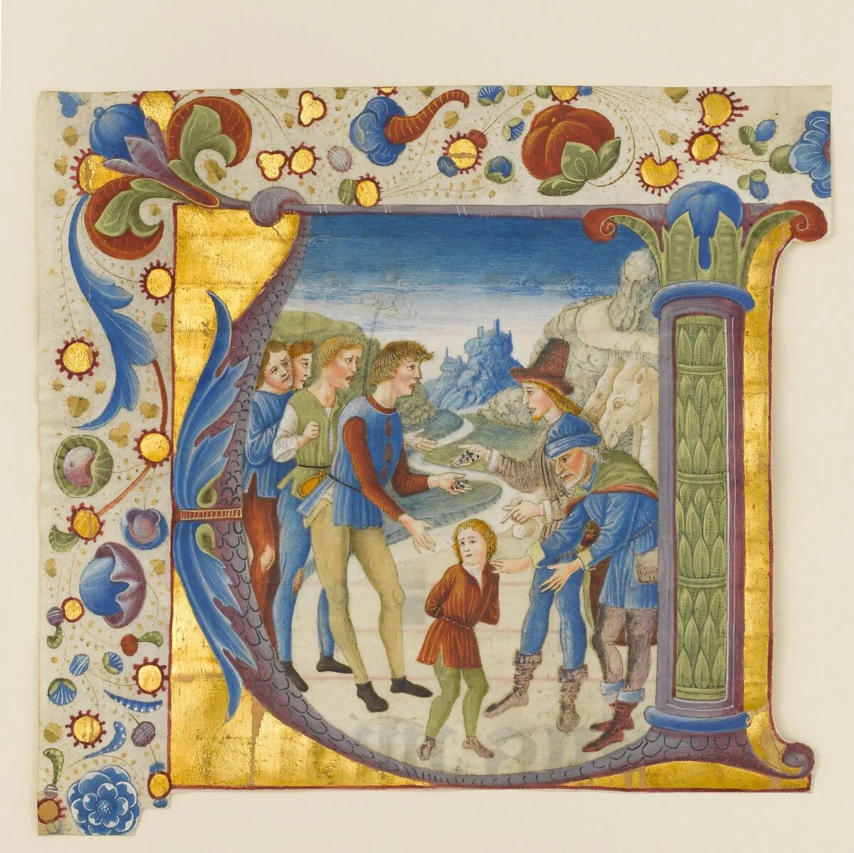 Manuscript Illumination with Joseph Sold by His Brothers in an Initial V, from an Antiphonary — Giovanni Pietro da Cemmo