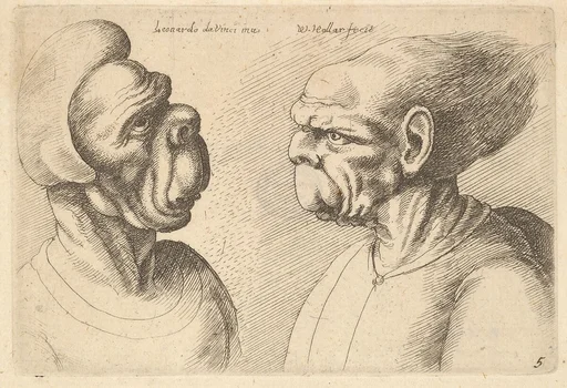 Two deformed heads facing inwards