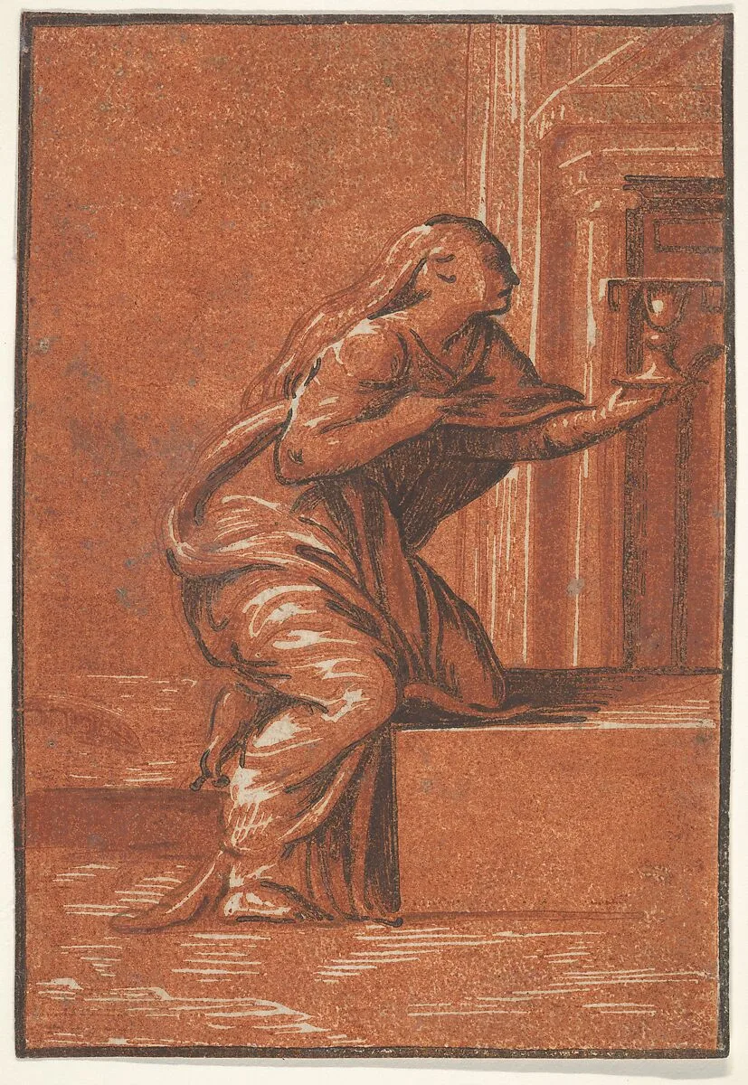 Female personification of Faith who kneels raising a chalice in her left hand, after Parmigianino — Parmigianino (Girolamo Francesco Maria Mazzola)|Anonymous, Italian, 16th century