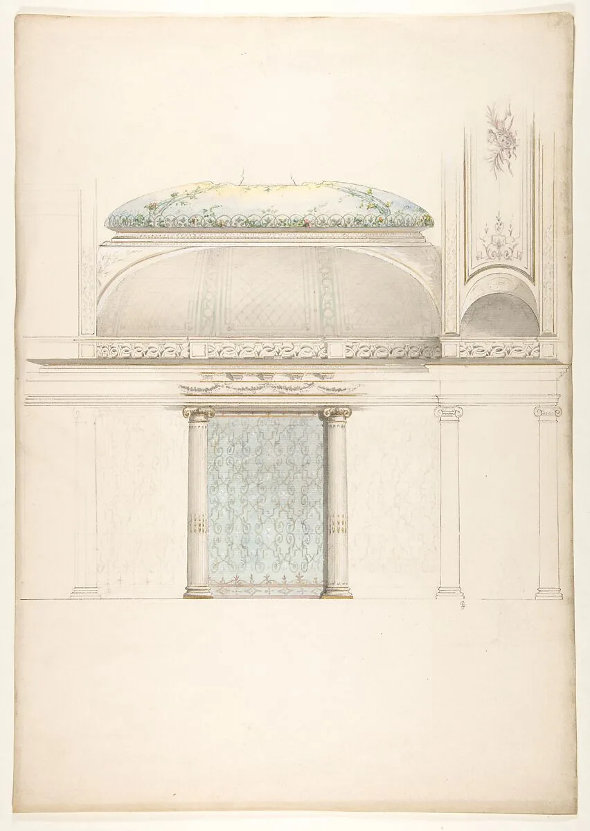 Elevation and transverse section of a domed and colonnaded hall — Jules-Edmond-Charles Lachaise|Eugène-Pierre Gourdet