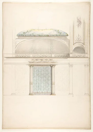 Elevation and transverse section of a domed and colonnaded hall