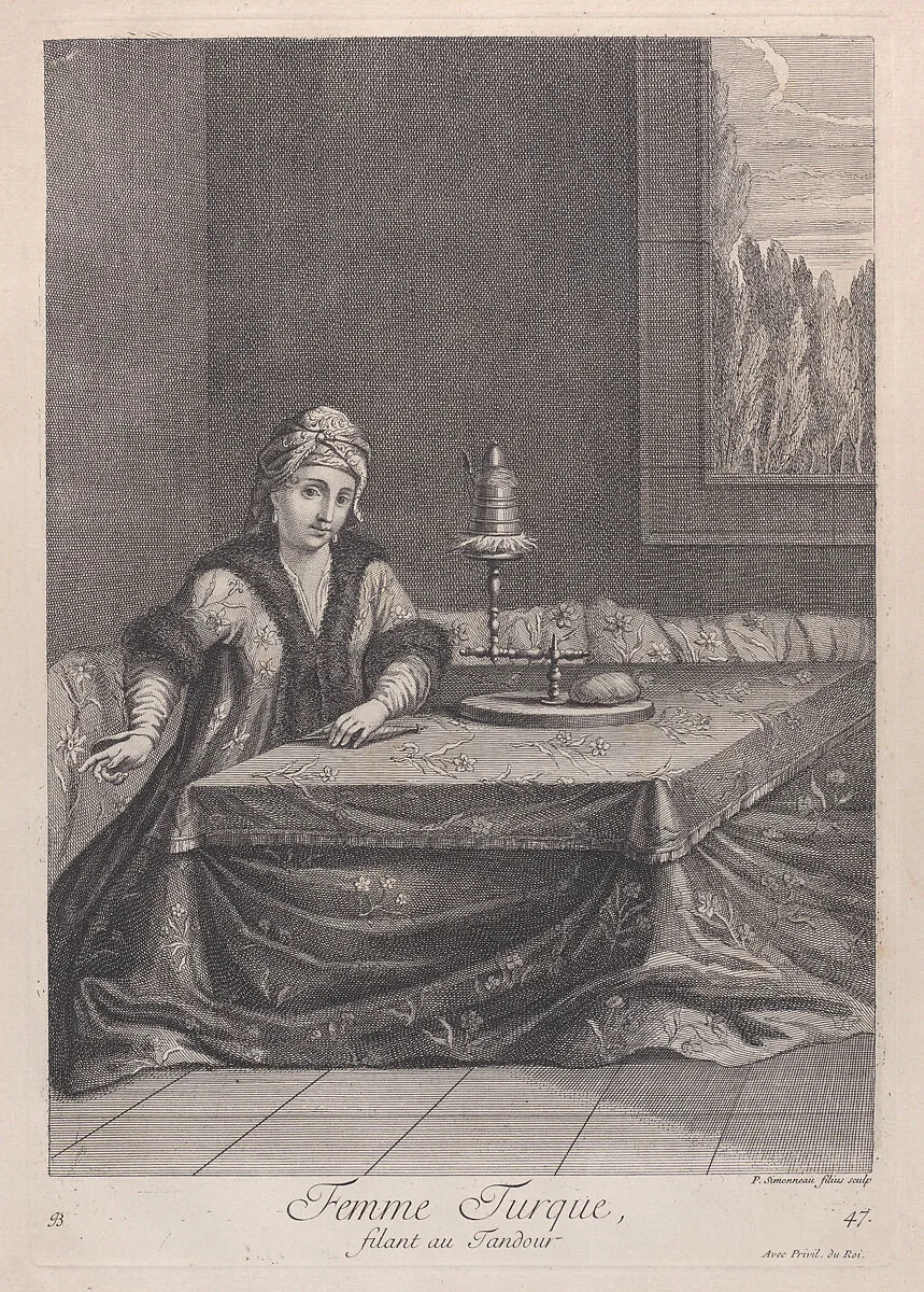 Femme Turque, filant au Tandour, plate 47 from "Recueil de cent estampes représentent differentes nations du Levant" — Philippe Simonneau|Jacques le Hay|Jean Baptiste Vanmour