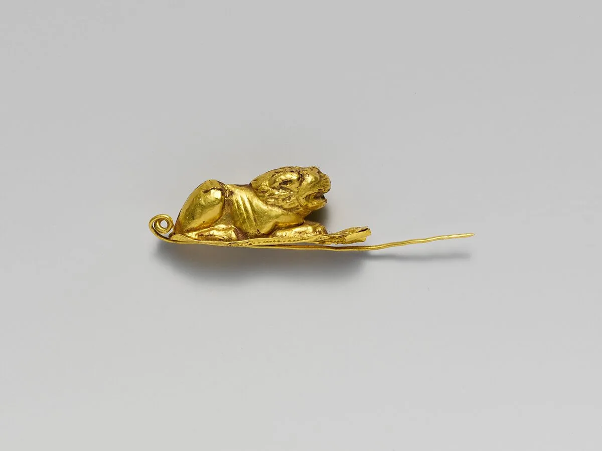 Gold fibula (safety pin) with recumbent lion — Unknown