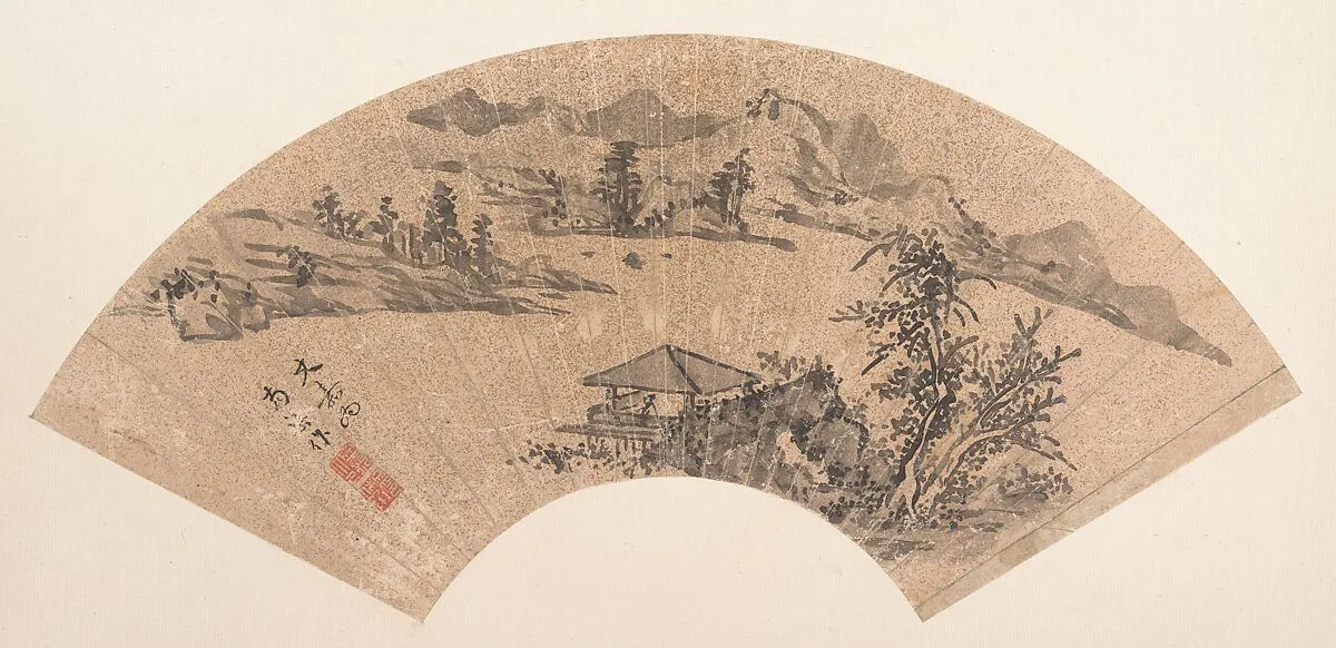 清 佚名 倣文徵明 書法 扇|Pavilion by Lake Shore — Wen Jia|Unidentified artist
