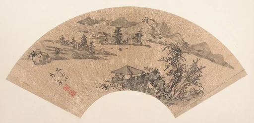 清 佚名 倣文徵明 書法 扇|Pavilion by Lake Shore