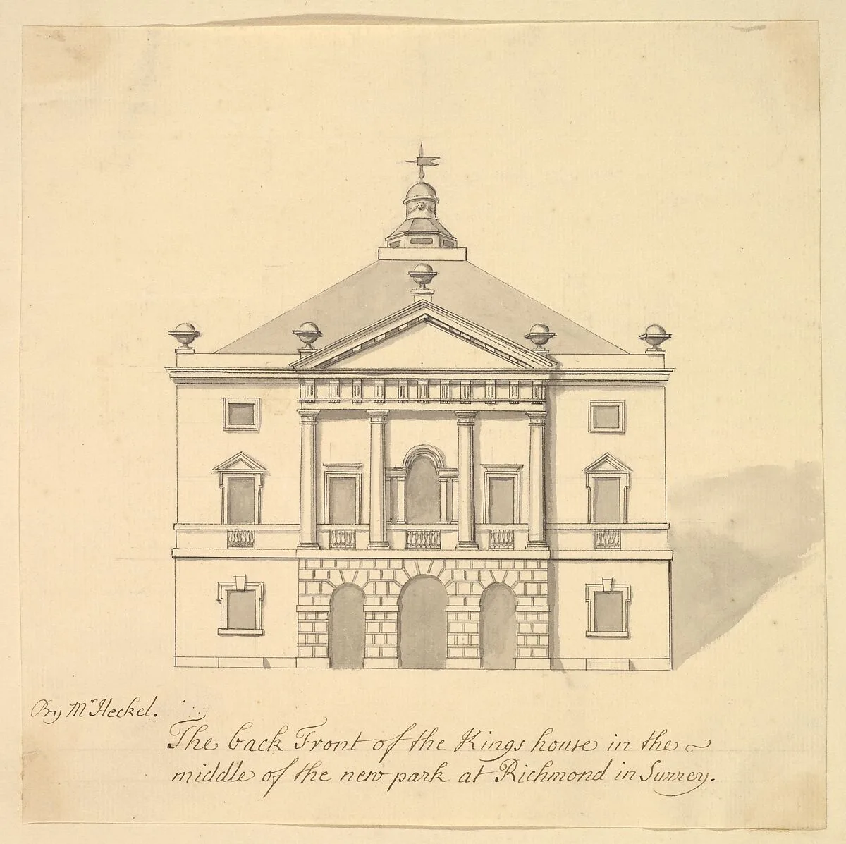 Elevation of Back Facade of the Kings House, Richmond, Surrey — Augustus Heckel|Henry Herbert, 9th Earl of Pembroke