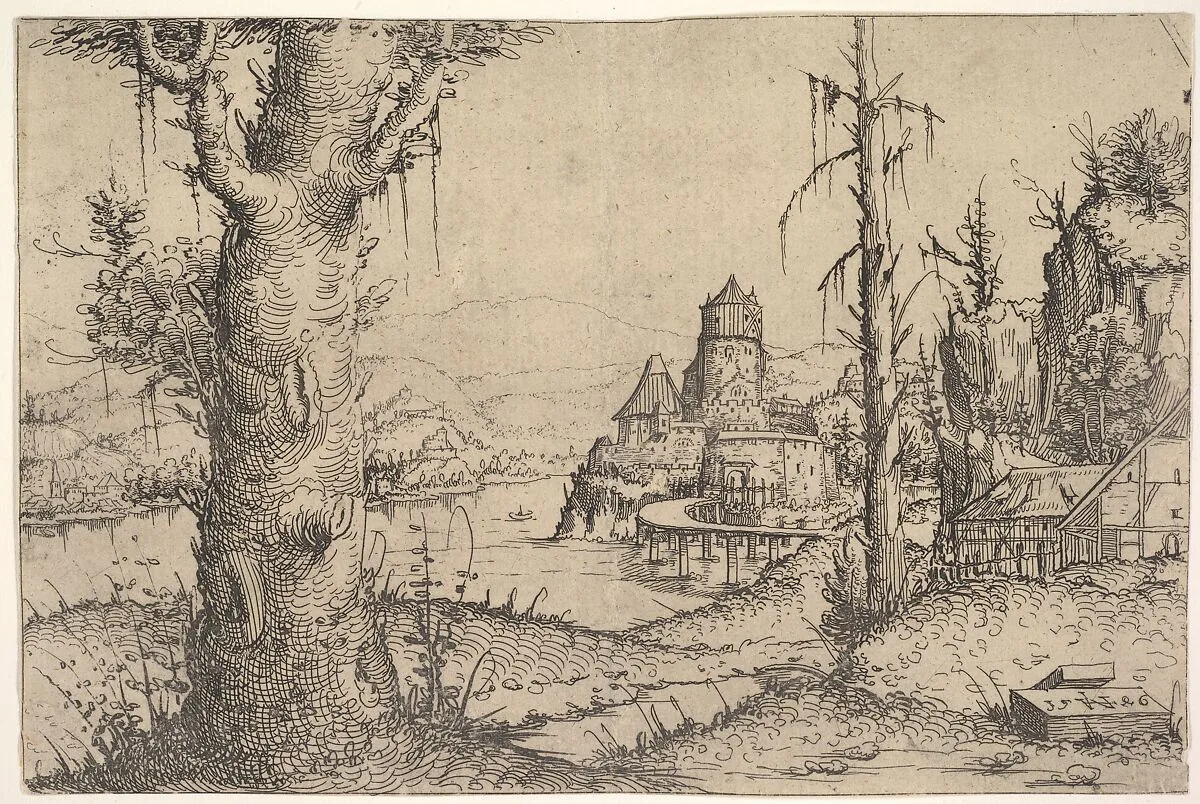 River Landscape with Large Tree at Left — Augustin Hirschvogel