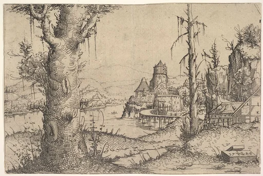 River Landscape with Large Tree at Left