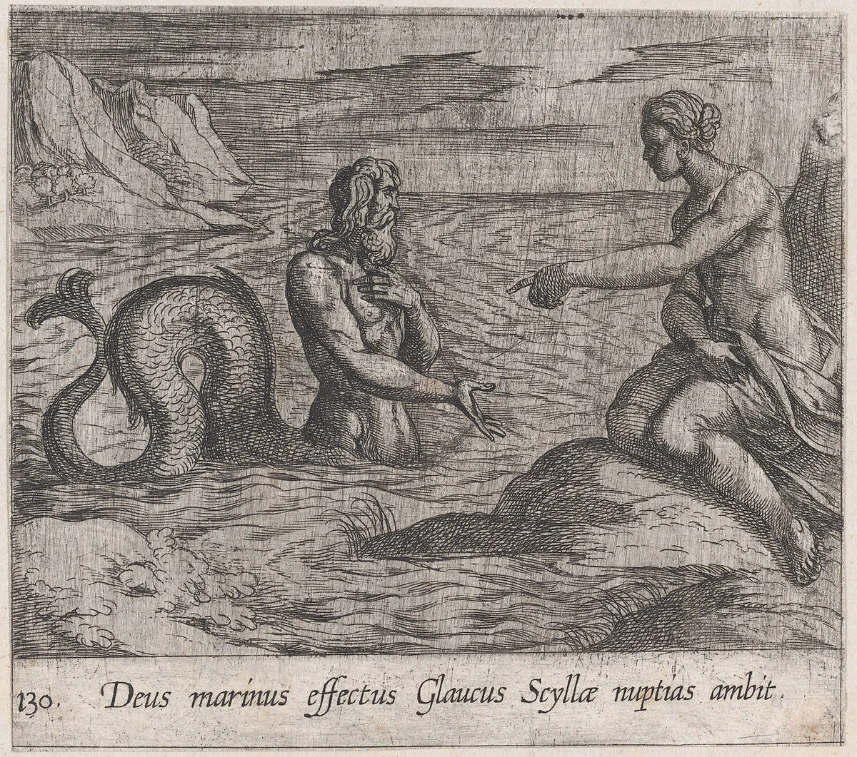 Plate 130: Scylla and Glaucus (Deus marinus effectus Glaucus Scyllae nuptias ambit), from Ovid's 'Metamorphoses' — Antonio Tempesta
