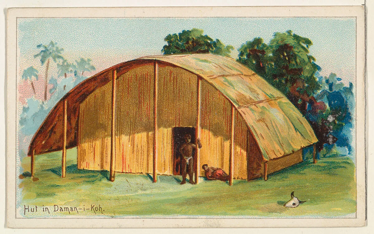 Hut in Daman-i-koh, from the Habitations of Man series (N113) issued by W. Duke, Sons & Co. to promote Honest Long Cut Smoking and Chewing Tobacco — W. Duke, Sons & Co.|American Tobacco Company|The Giles Company