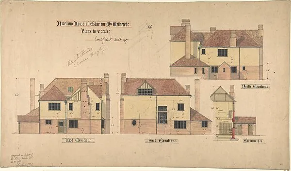 Dwelling house at Esher for Mrs. Wethered: Three Elevations, and a Partial Section — Ernest Geldart