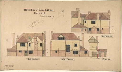 Dwelling house at Esher for Mrs. Wethered: Three Elevations, and a Partial Section