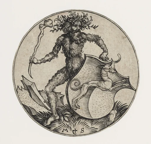 Shield with Greyhound Held by Wild Man