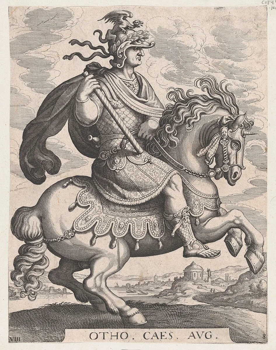 Plate 8: Emperor Otho on Horseback, from 'The First Twelve Roman Caesars', after Tempesta — Antonio Tempesta|Matthäus Merian the Elder