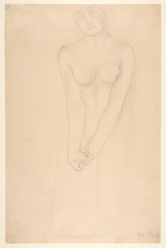 Nude female figure standing with clasped hands