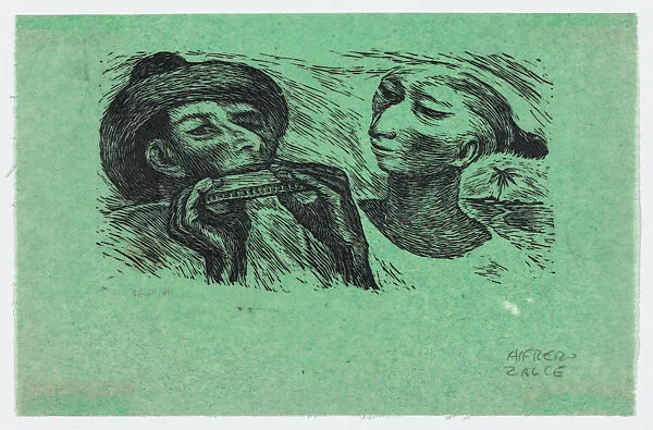 A harmonica player and a woman, illustration for 'El Sombrerón' — Alfredo Zalce