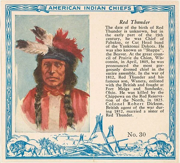 Card No. 30, Red Thunder, from the Indian Chiefs series (T129) issued by Red Man Chewing Tobacco — Red Man Chewing Tobacco