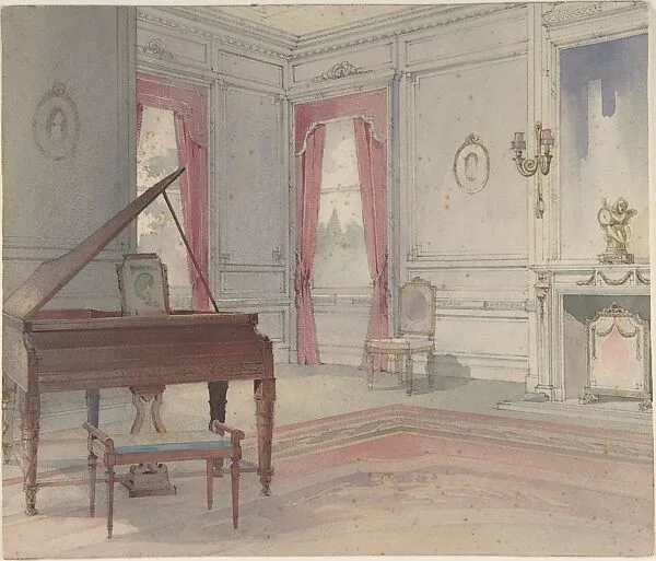 View of a Living Room with Piano — Anonymous, British, 20th century