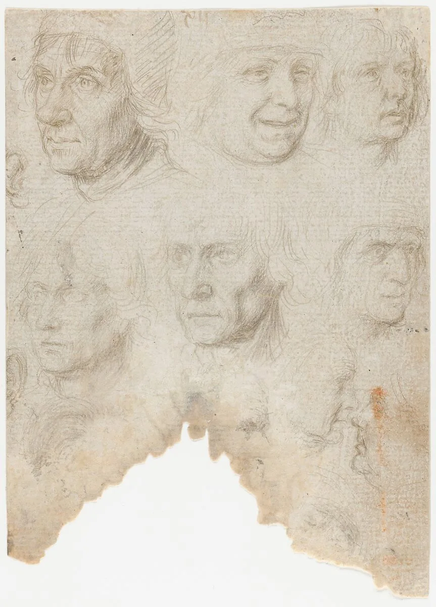 Studies of ten (?) heads and two ears (recto); Studies of three figures and a head (verso) — Gerard David