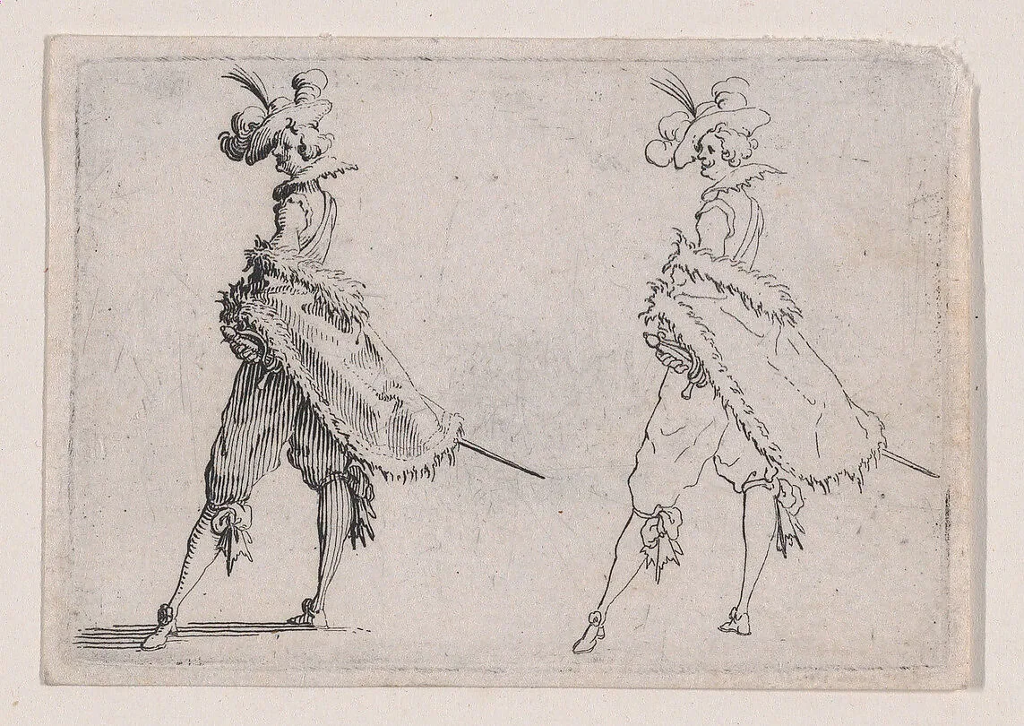 Le Gentilhomme au Manteau Posé sur la Hanche (Gentleman with his Mantle on his Hip), from Les Caprices Series A, The Florence Set — Jacques Callot|Lorenzo de' Medici