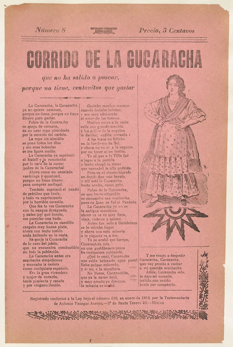 Broadsheet relating to a ballad about camp life hardships for women, woman wearing a dress with her hands on her hips — Antonio Vanegas Arroyo|José Guadalupe Posada
