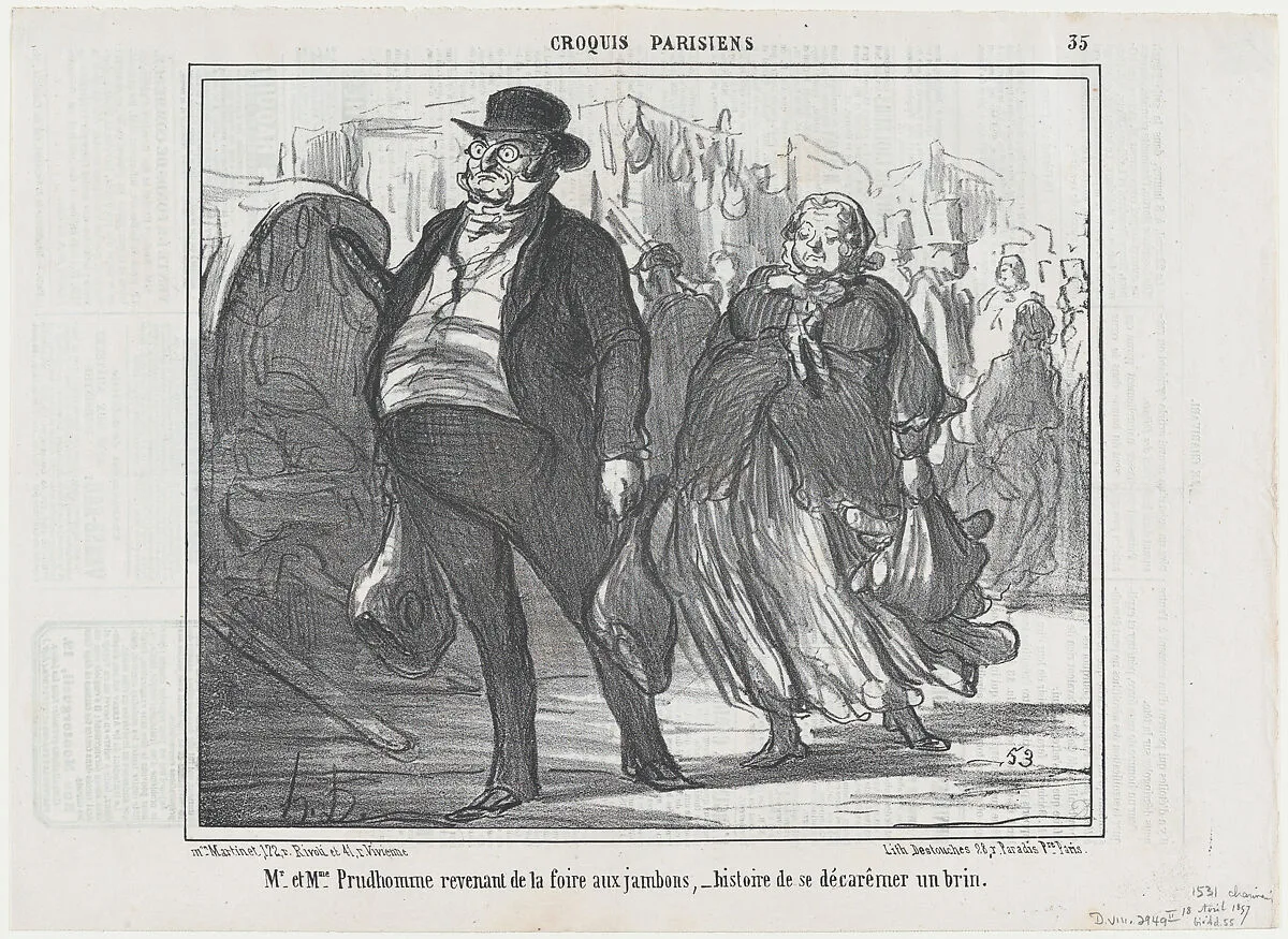 Mr. et Mme. Prudhomme revenant de la foire..., from Croquis Parisiens, published in Le Charivari, April 18, 1857 — Aaron Martinet|Honoré Daumier|Destouches
