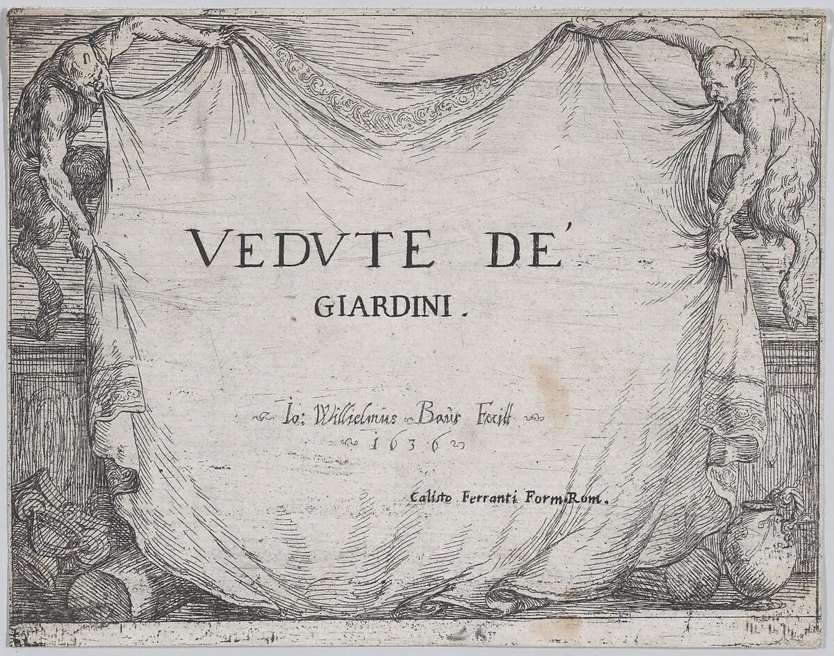 Title page of 'Views of Gardens' (Vedute de' Giardini) — Callisto Ferranti|Johann Wilhelm Baur