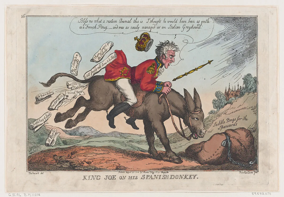 King Joe on his Spanish Donkey — Thomas Rowlandson|Thomas Tegg|George Murgatroyd Woodward|Joseph Bonaparte