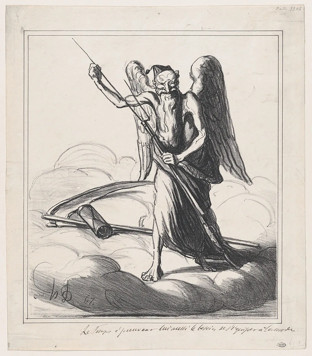 Time too feels the urge for modern equipment, from 'News of the day,' published in Le Charivari, January 10, 1867 — Honoré Daumier