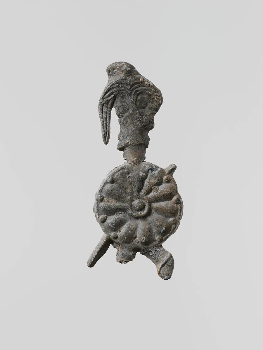 Lead figure of a warrior with a helmet, shield, and spear — Unknown