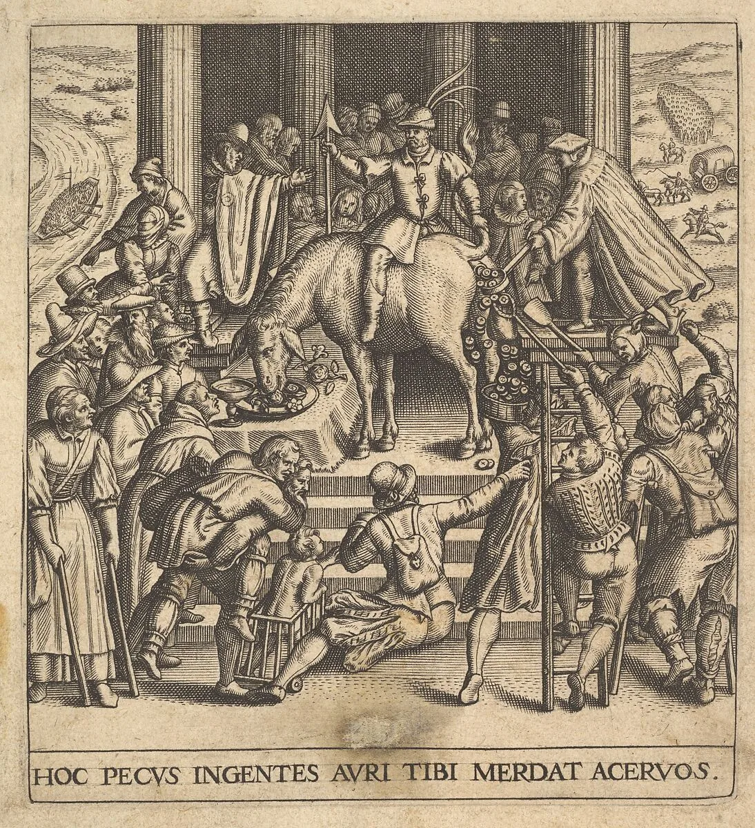 Men collecting dung dropping from the hindquarters of a mule, with a rider sitting backward on the mule and holding its tail aside, surrounded by onlookers spread around a stepped platform, from 'Secular emblems' (Emblemata saecularia) — Johann Theodor de Bry