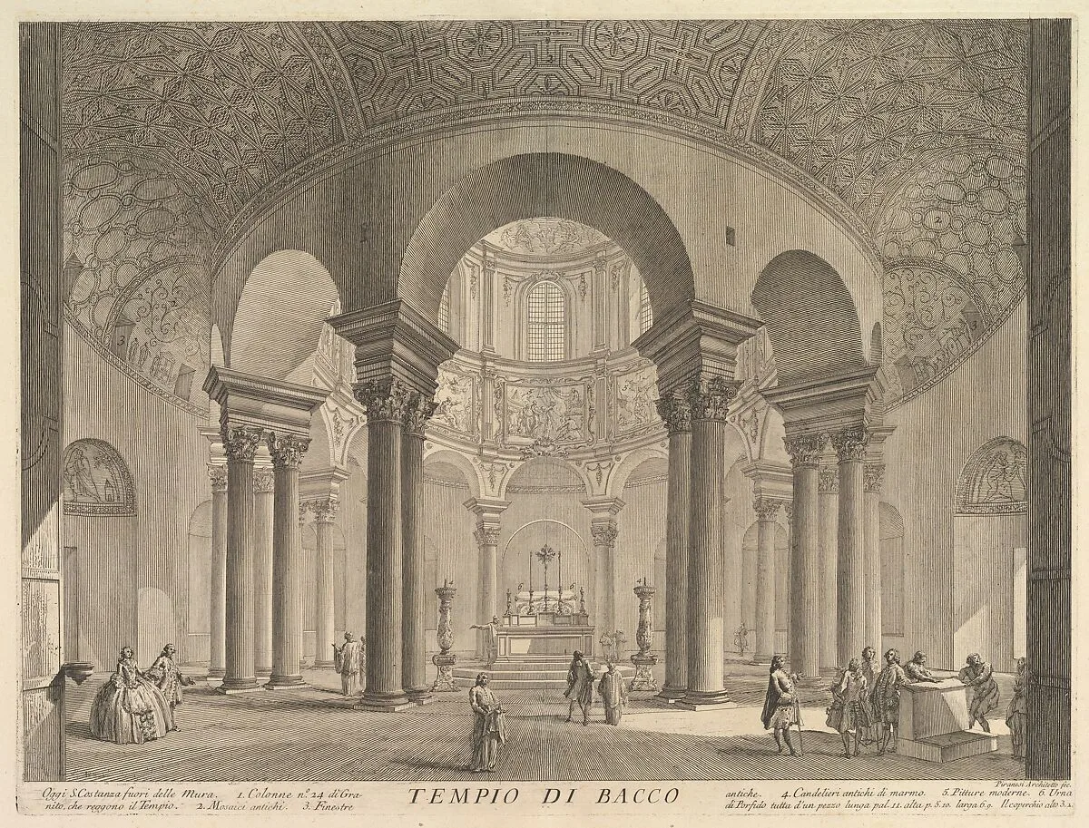 S. Constanza (erroneously callled Temple of Bacchus) (Veduta interna del Sepolcro di S. Constanza, fabbricato da Costantino Magno, ed erroneamente detto il Tempio di Bacco, inoggi Chiesa della medisme Santa), from "Vedute di Roma" — Giovanni Battista Piranesi