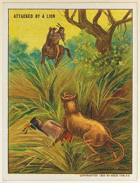 Attacked by a Lion, from the "Indian Life in the 60's" series (T73), issued with Hassan Cork Tip Cigarettes by the American Tobacco Company — American Tobacco Company